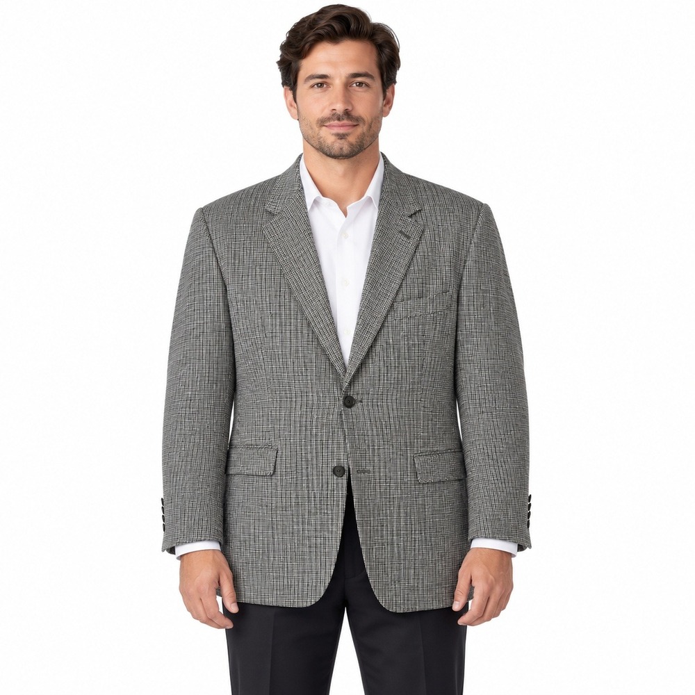 Ralph Lauren Blazer Mens 46L Black White Silk Wool Houndstooth Sport Coat